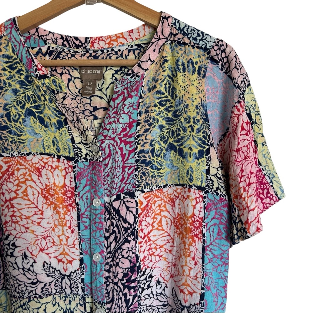 Chico’s Multi Colored Patchwork Short Bell sleeve… - image 3